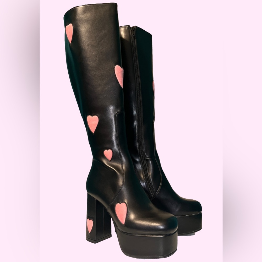 LAMODA Pink Hearts Love Knee High Platform Boots wide fit - Picture 9 of 9